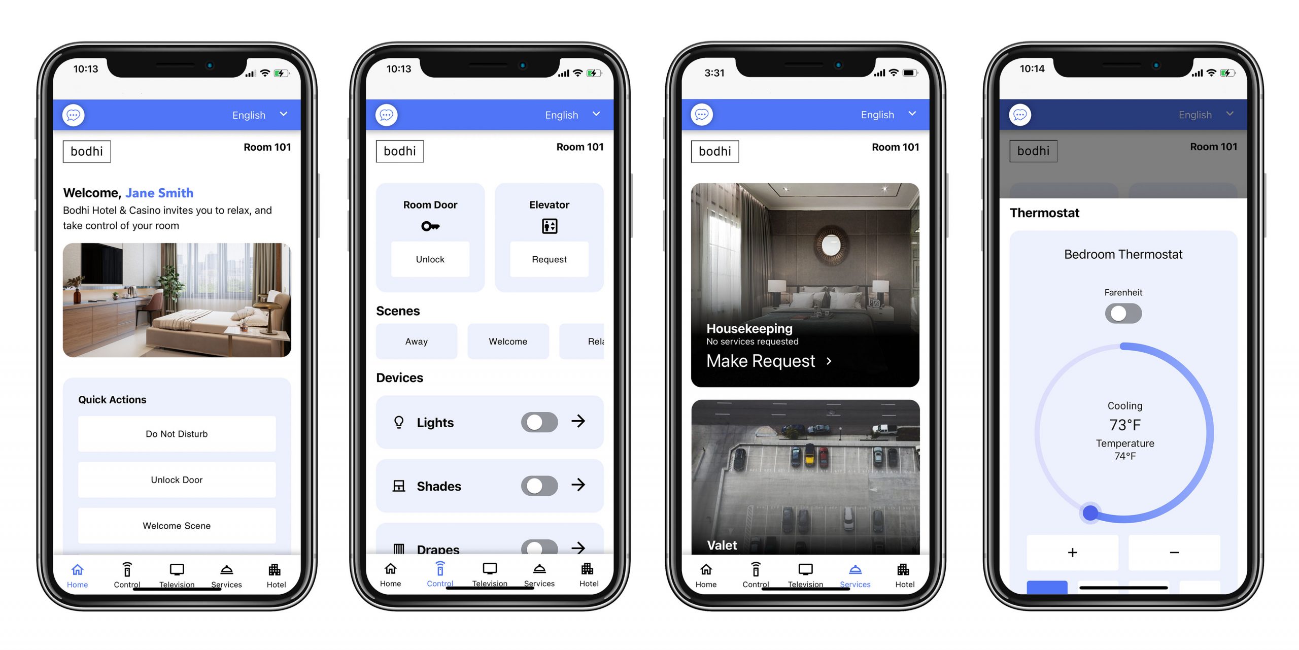 The installation-free Bodhi Guest App shown on a smart phone: welcome screen with local weather and activities; room control with lock, lighting and climate; services including housekeeping, valet and reservations. 