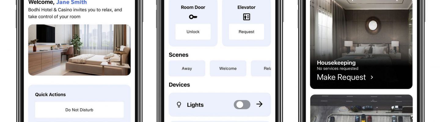 The installation-free Bodhi Guest App shown on a smart phone: welcome screen with local weather and activities; room control with lock, lighting and climate; services including housekeeping, valet and reservations.